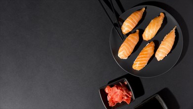 Plate with fresh variety sushi with copy space