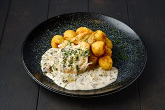 Fried zander fillet with mushroom sauce and potato balls on a plate