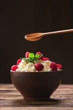 Empty wooden spoon over clay plate with fresh cottage cheese with raspberries and mint