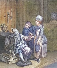The bawd with her wares. French copperplate engraving after Wille Le Fils