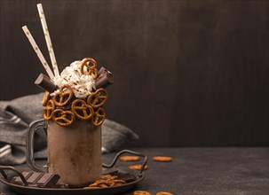 Front view chocolate milkshake with straws pretzels