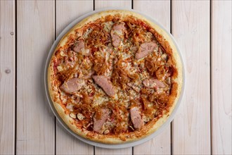 Freshly baked pizza with beef and fried onion