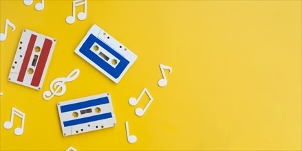 Colorful cassette tapes bright background with copy space