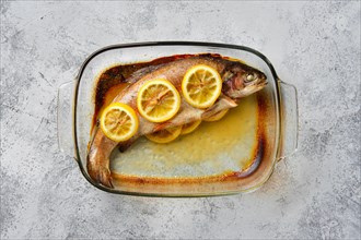 Top view of trout baked in oven in glass baking dish
