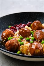 Closeup view of meatballs with gravy served with mashed potato