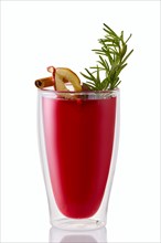 Hot cherry and apple winter drink with rosemary isolated on white