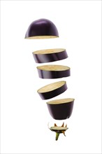 Levitating slices of fresh eggplant. World vegan day concept