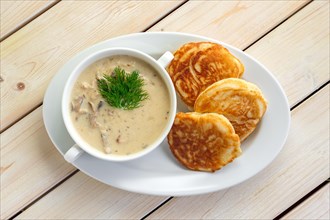 Fritters with mushroom sauce. Traditional Slavic pancakes with fat mushroom and flour sauce