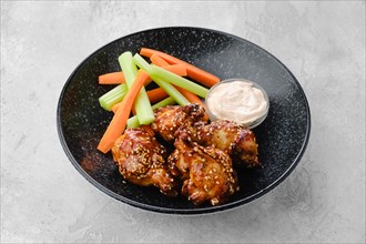 Fried chicken legs with teriyaki sauce and slices of celery and carrot on a plate