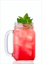 Cold strawberry lemonade in mason jar isolated on white background