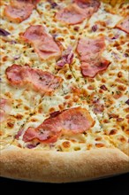 Macro photo of pizza carbonara with bacon and onion