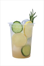 Cucumber and lemon lemonade in plastic take away glass