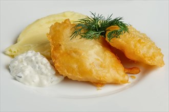 Close up view of fish fillet in batter with mashed potato