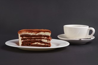 Chocolate biscuit cake and cup of coffee on gray background