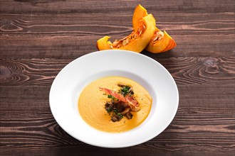 Pumpkin soup puree with bacon