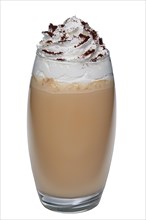 Big transparent glass of coffee cocktail with whipped cream