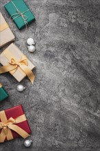 Colorful christmas gifts marble background with copy space