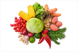 Top view of assortment of fresh juicy vegetables on white background. World food day concept