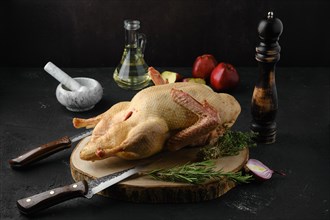 Raw whole country duck on wooden cutting board