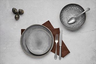 Set of grey ceramic plates and tableware
