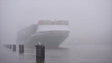 Container ship Heinrich Ehler waits in the fog for oncoming traffic in the Kiel Canal
