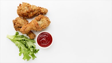 Top view fried chicken drumsticks with ketchup copy space. Resolution and high quality beautiful photo