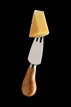 Cheese fork with piece of parmesan on it isolated on black background