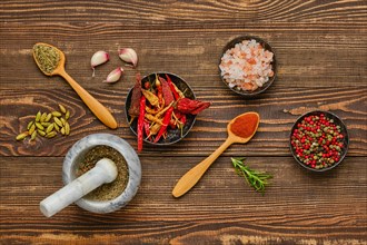Overhead composition with spicy spice and seasonings on wooden background