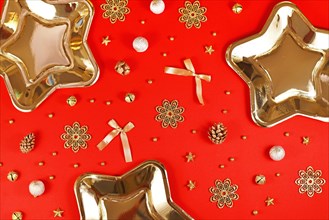 Christmas party flat lay with golden star shaped plates