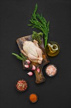 Flat lay composition with fresh whole chicken chick and spice ready for cooking