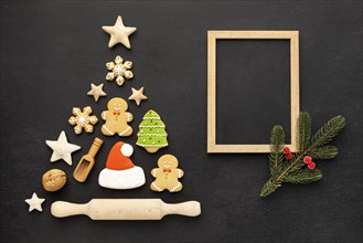 Top view christmas gingerbread cookies assortment with empty frame. Resolution and high quality beautiful photo