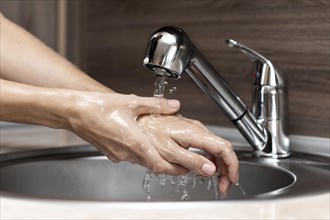Woman washing hands sink. Resolution and high quality beautiful photo