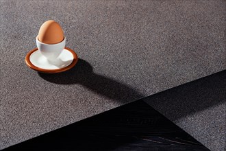 Egg cup with brown egg on abstract background and long shadow