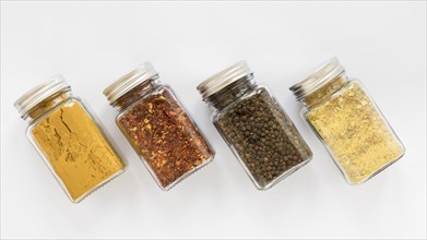 Top view jars with spices arrangement. Resolution and high quality beautiful photo