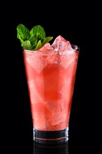 Cold fizz cocktail with strawberry isolated on black background