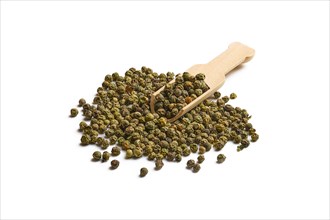 Heap of dry green peppercorn on white background