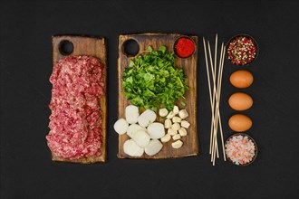 Raw ingredients and spices for lamb kebab