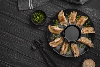Traditional asian dumplings plate with chopsticks herbs. Resolution and high quality beautiful photo