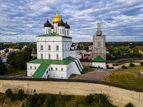 Aerial of the kremlin and the Trinity Cathedral in Pskov