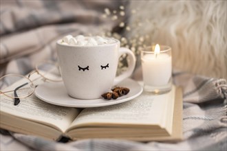 Cup of hot cocoa with marshmallows on book with candle