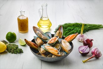 Plate with raw large mussels in half shell with spice on wooden table