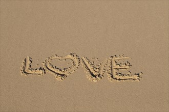 The word Love written in the sand on a beach