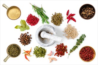 Various seasonings and herbs scattered on white background