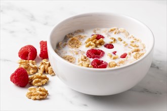High angle arrangement healthy bowl cereals close up