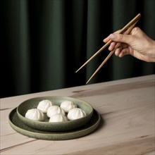 Close up view dumplings wooden table