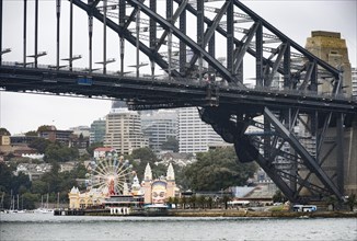 The iconic Sydney Harbour Bridge and the Luna Park theme park