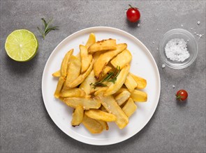Top view french fries plate with salt tomatoes. Resolution and high quality beautiful photo