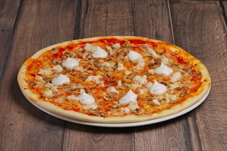Angle side view of pizza with mushrooms and mayonnaise sause cutted on pieces