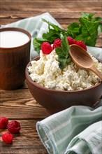 Cottage cheese with wooden spoon on it and milk in clayware on wooden table