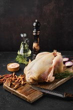 Raw whole broiler chicken with spices on wooden cutting board